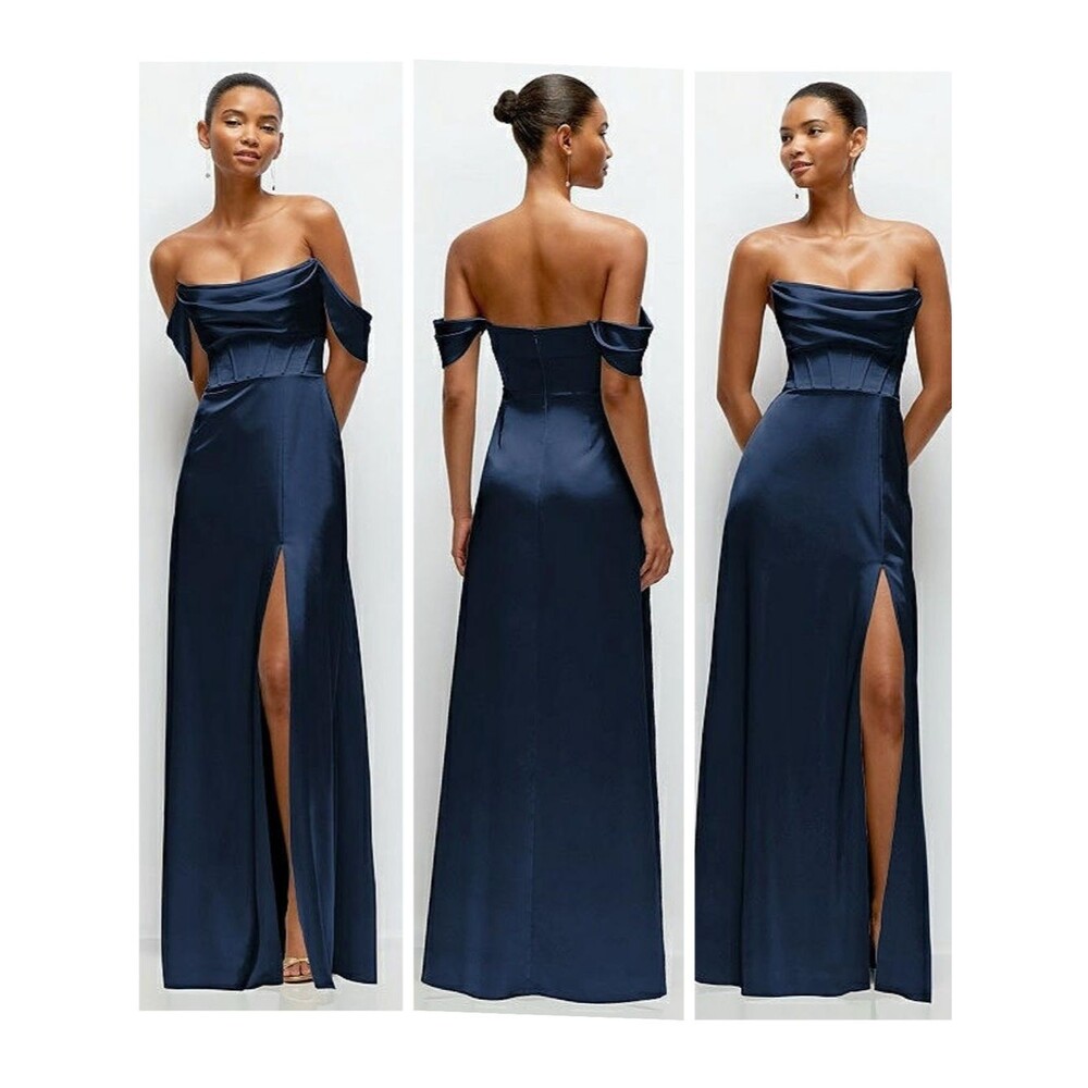 After Six A-Line Satin Maxi Dress Midnight Navy Size 2 Off Shoulder Strapless
